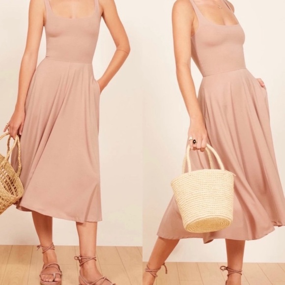 Reformation Dresses & Skirts - Reformation Rou Sleeveless Square Neck Fit &
Flare Pink Midi Dress Pockets